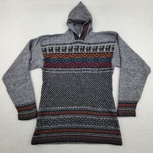 Vintage Peruvian Alpaca Sweater Mens Large Hooded Pullover Llama Knit Pattern 90